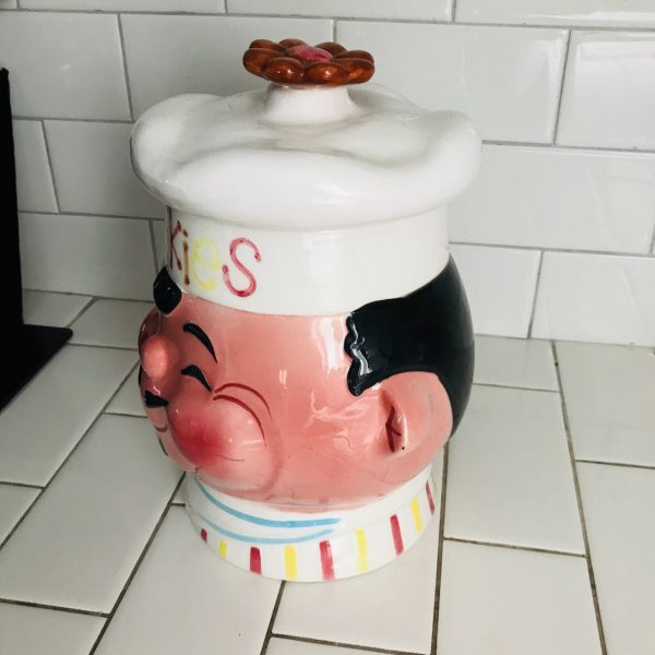 Vintage Cookie Jar Anthropomorphic 1950 marked Ohio Collectible display Man's Face with batter splatter licking tongue display collectible