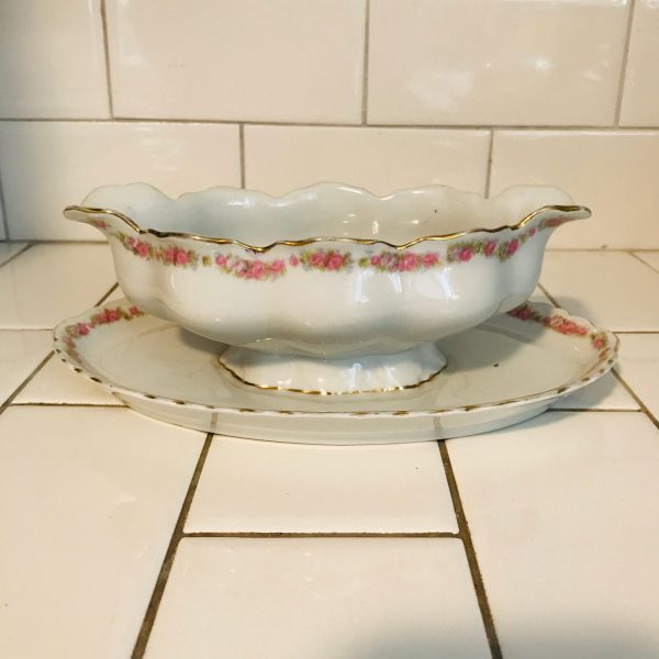 Vintage Covered Gravy boat with attached drip plate H & Co. Bavaria Tiny light and dark pink Rose swag pattern collec fine bone china