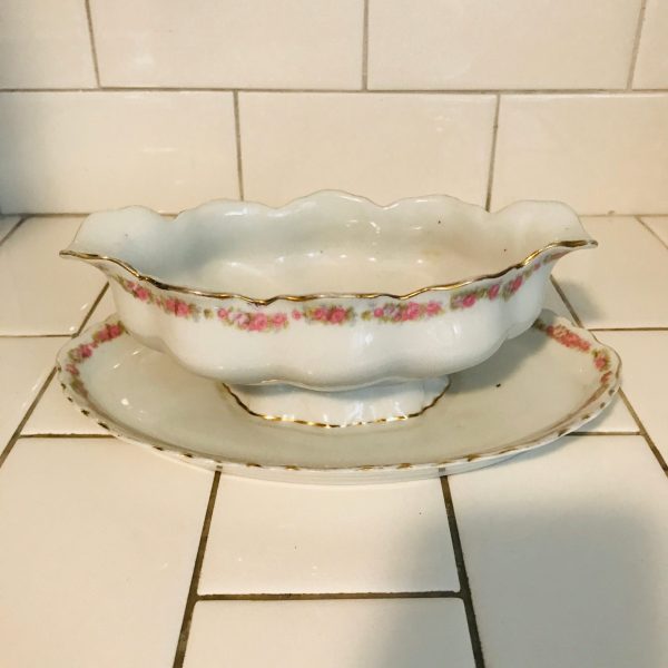 Vintage Covered Gravy boat with attached drip plate H & Co. Bavaria Tiny light and dark pink Rose swag pattern collec fine bone china