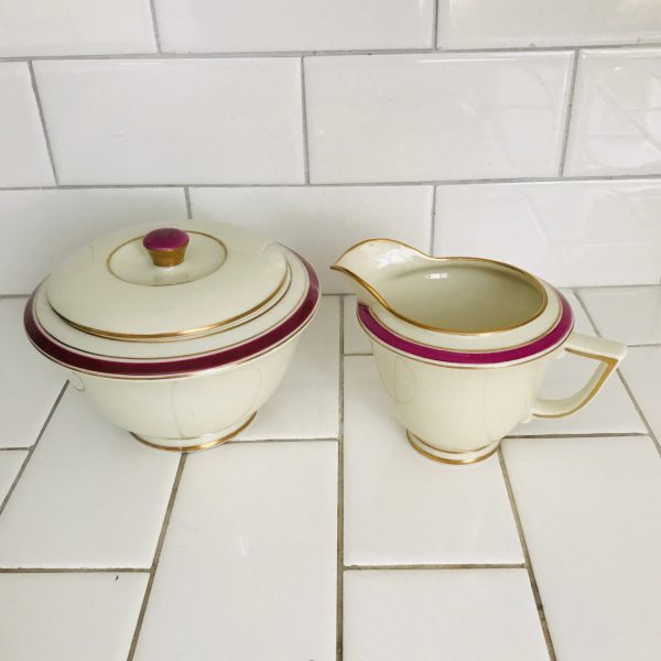 Vintage Cream pitcher Creamer & Sugar Bowl Royal Copenhagen 1191 Denmark Fine bone china Burgundy Gold trim Quality Collectible Display