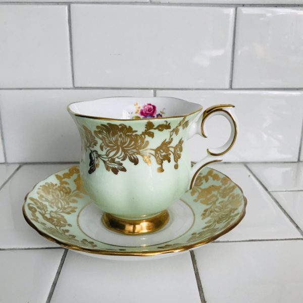 Vintage Crown Staffordshire Tea cup and saucer Green with gold roses England Fine bone china gold trim farmhouse collectible display coffee