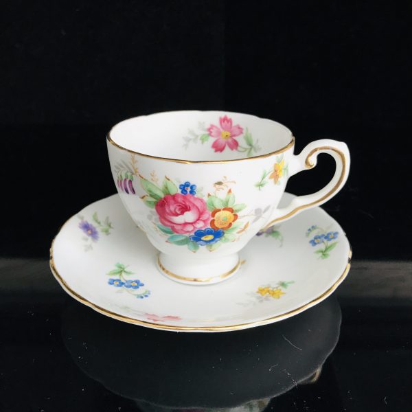 Vintage Demitasse Tea cup and Saucer Tuscan England Pink cabbage rose yellwo orange bblue purple flowers farmhouse collectible display