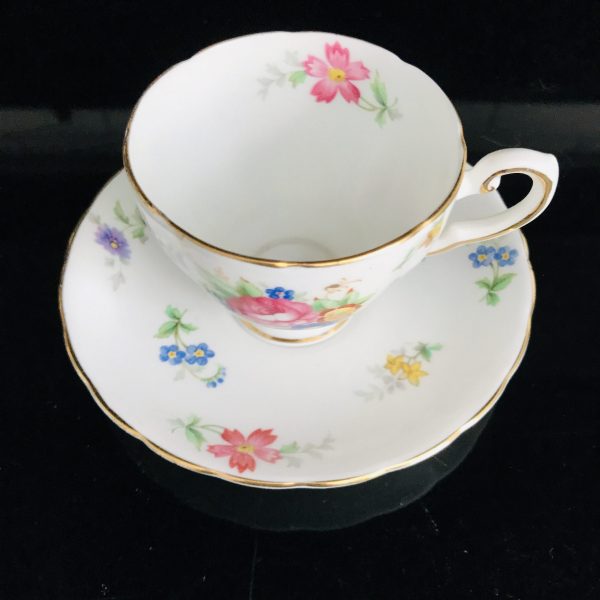 Vintage Demitasse Tea cup and Saucer Tuscan England Pink cabbage rose yellwo orange bblue purple flowers farmhouse collectible display
