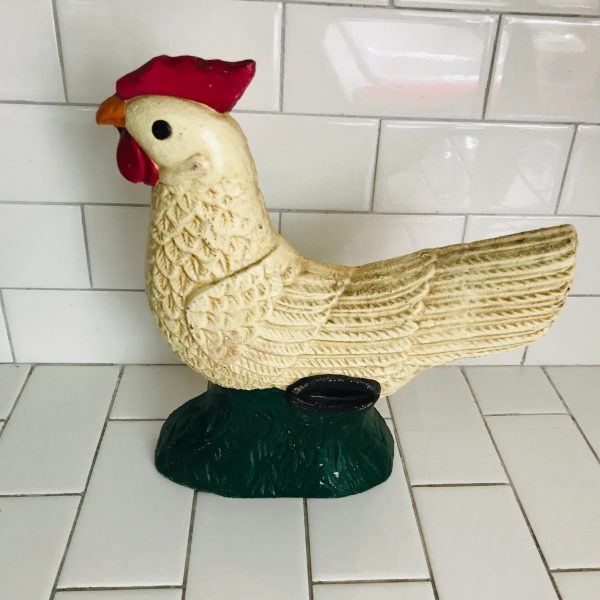 Vintage Doorstop Large Chicken Cast Iron Door Stop farmhouse collectible display retro kitchen decor red ivory and green