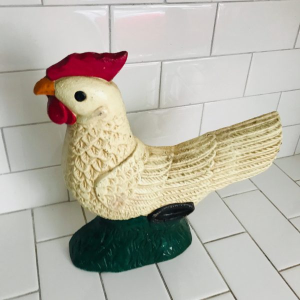 Vintage Doorstop Large Chicken Cast Iron Door Stop farmhouse collectible display retro kitchen decor red ivory and green