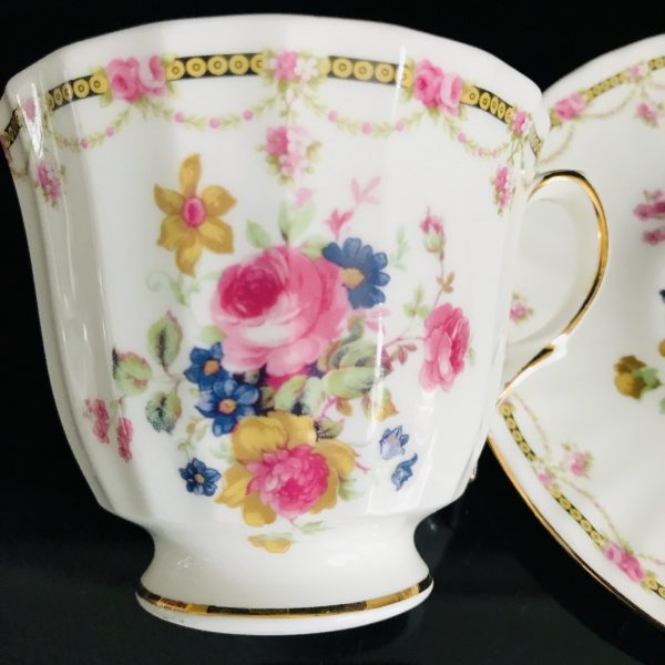 Vintage Duchess Tea cup and saucer England Fine bone china Rose drape swag pattern black rims farmhouse collectible display cottage coffee