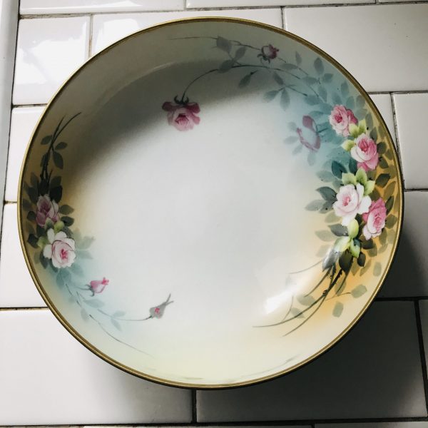 Vintage Footed Bowl Beautiful Nippon Hand painted Pink Roses & buds heavy gold trim gold scalloped feet ornate bed and breakfast farmhouse