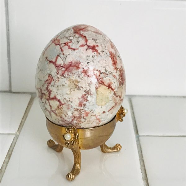 Vintage Fossil Marble Egg on gold metal stand with pearl corners beautiful coloring display farmhouse collectible varigated blues