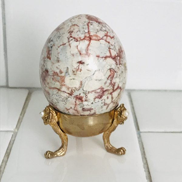 Vintage Fossil Marble Egg on gold metal stand with pearl corners beautiful coloring display farmhouse collectible varigated blues
