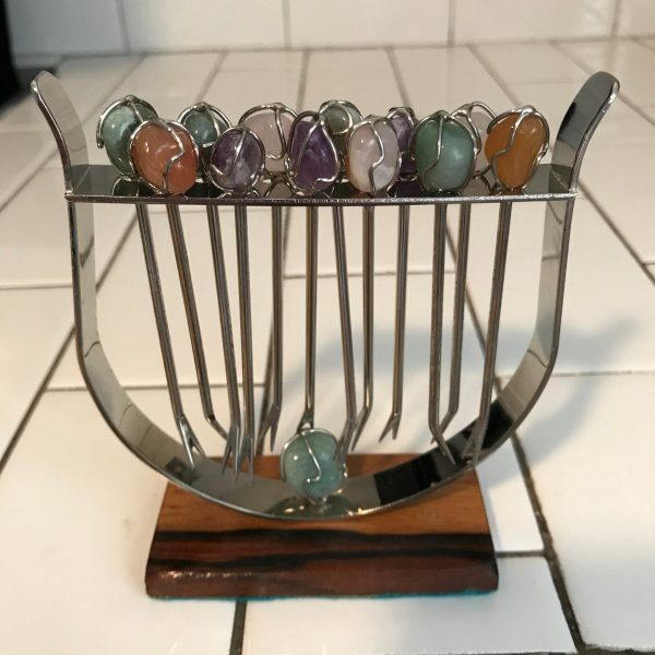 Vintage Gemstone top Hors d'oeuvre Martini Appetizer Picks mid century modern chrome & wood rack holds 12 serving collectible display
