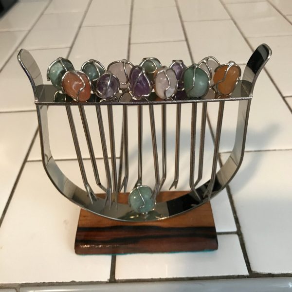 Vintage Gemstone top Hors d'oeuvre Martini Appetizer Picks mid century modern chrome & wood rack holds 12 serving collectible display