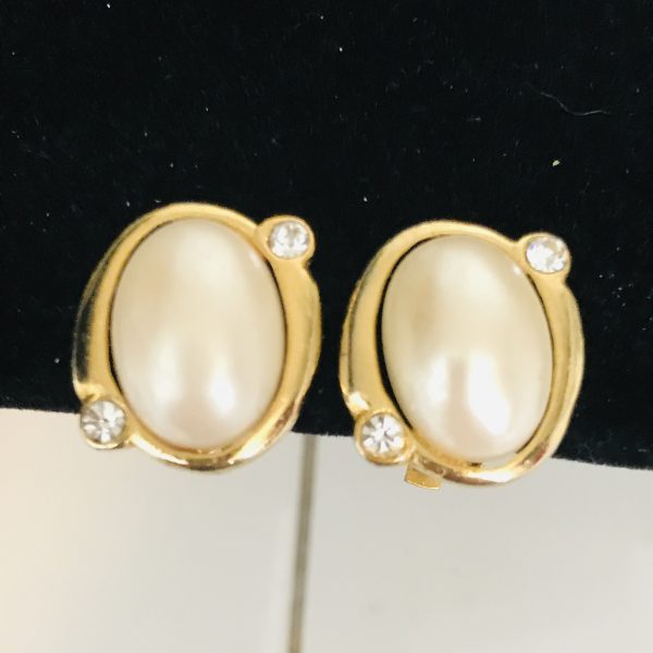 Vintage Gold tone earrings large faux pearls gold trimmed with crystals