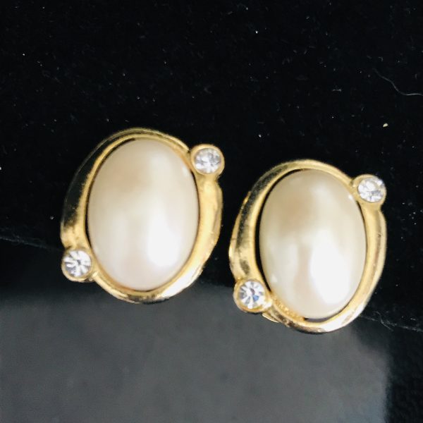 Vintage Gold tone earrings large faux pearls gold trimmed with crystals