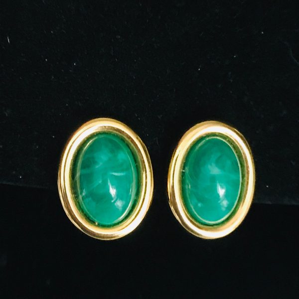 Vintage Gold tone earrings with green faux stone centers oval JKL brand