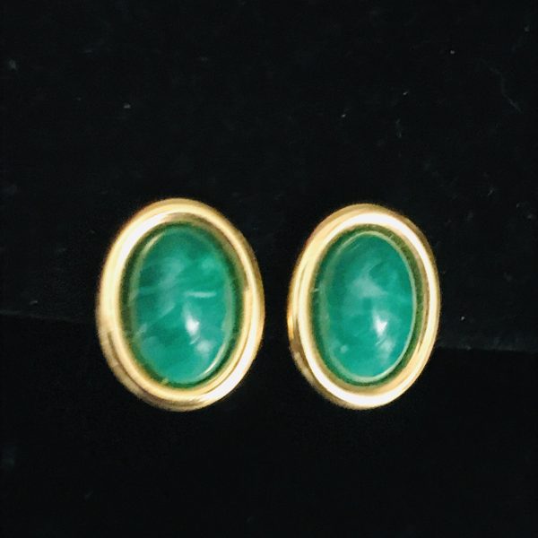 Vintage Gold tone earrings with green faux stone centers oval JKL brand