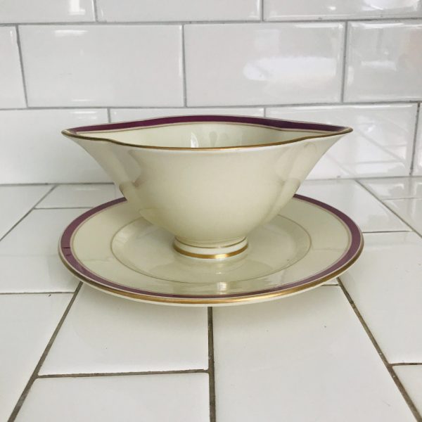 Vintage Gravy Boat & attached Plate Royal Copenhagen 1191 Denmark Fine bone china Burgundy with Gold trim Quality China Collectible Display