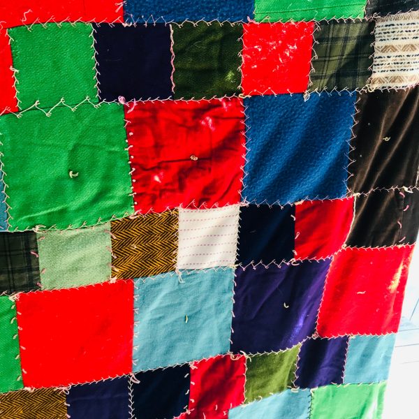 Vintage hand made Crazy Quilt mostly wool 72" x 78" heavy weight completely hand sewn farmhouse cottage cabin bedroom lodge show piece