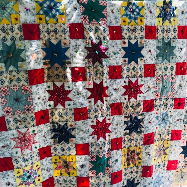 Vintage hand made Star pattern Quilt cotton 72" x 82" medium weight completely hand sewn farmhouse cottage cabin bedroom lodge show piece
