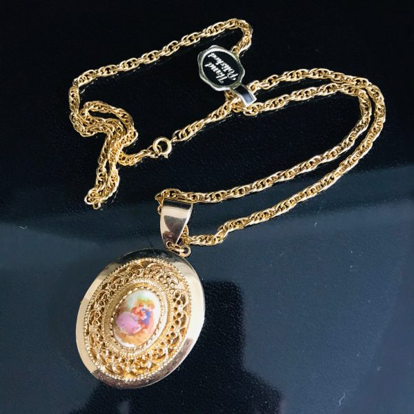 Vintage Hand painted Locket with Porcelain insert Courting Couple ornate oval Necklace gold tone