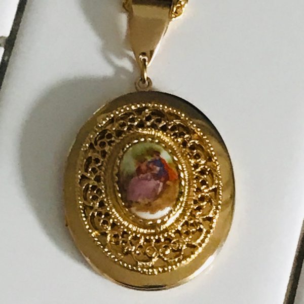 Vintage Hand painted Locket with Porcelain insert Courting Couple ornate oval Necklace gold tone
