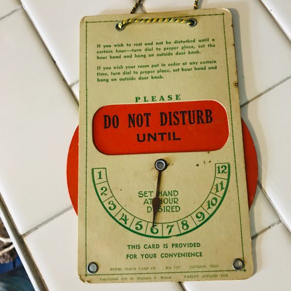 Vintage Hotel Room Do Not Disturb sign 1949 dial card cardboard sign collectible display farmhouse bed and breakfast door hanger