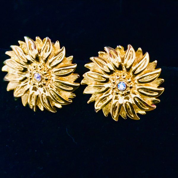 Vintage Joan Rivers clip earrings gold tone 1 1/4" across Floral with crystal center