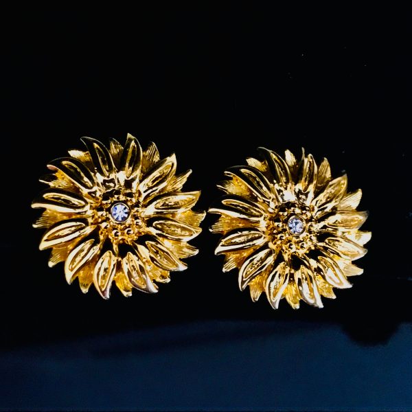 Vintage Joan Rivers clip earrings gold tone 1 1/4" across Floral with crystal center