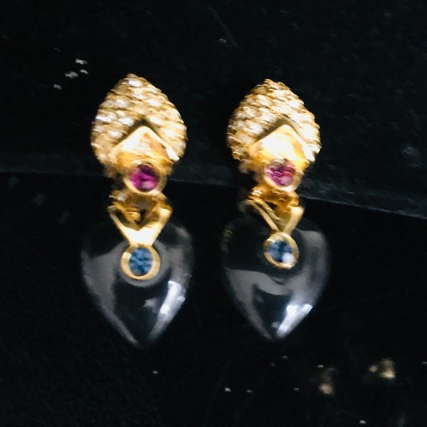 Vintage Joan Rivers clip earrings gold tone with Black dangle hearts blue purple and clear crystals very ornate