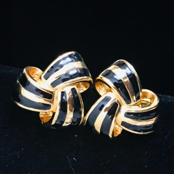 Vintage Joan Rivers clip earrings gold tone with black enamel twisted bows signed