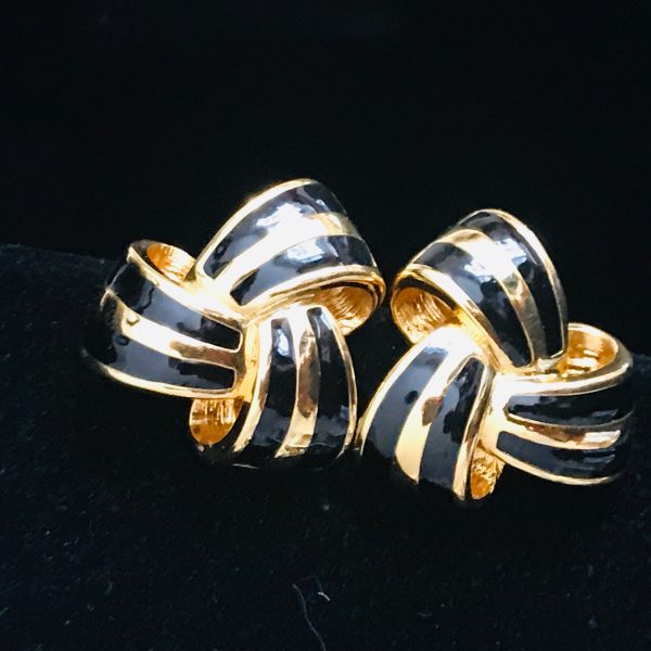 Vintage Joan Rivers clip earrings gold tone with black enamel twisted bows signed