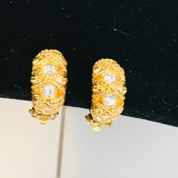 Vintage Joan Rivers clip earrings gold tone with with rope pattern and Swarovski crystal beautiful design