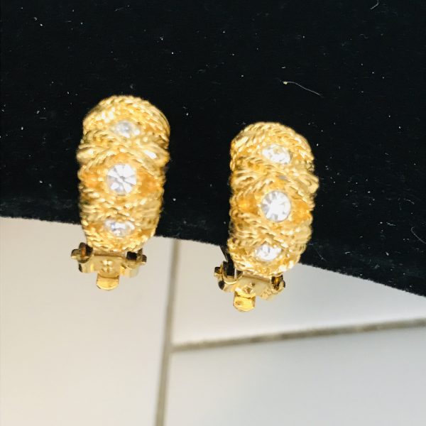 Vintage Joan Rivers clip earrings gold tone with with rope pattern and Swarovski crystal beautiful design