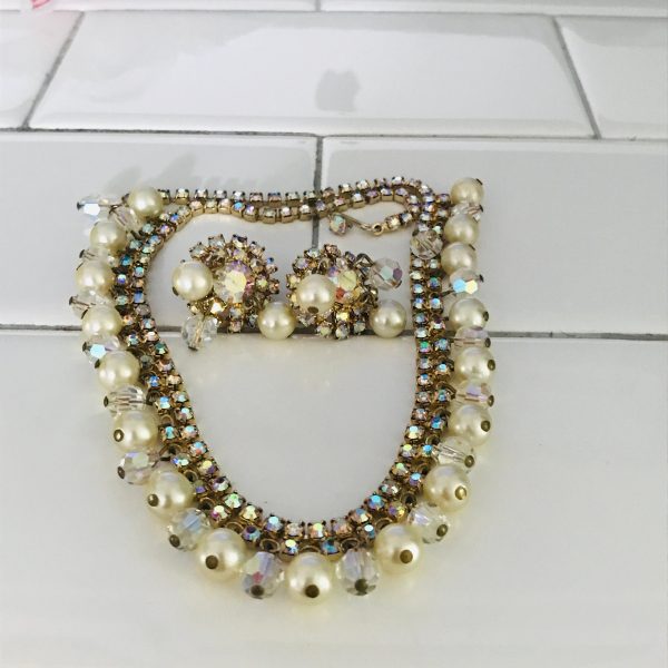 Vintage Kramer Jewelry Set adjustable Necklace matching clip earrings crystals & pearls aurora borealis rhinestones signed