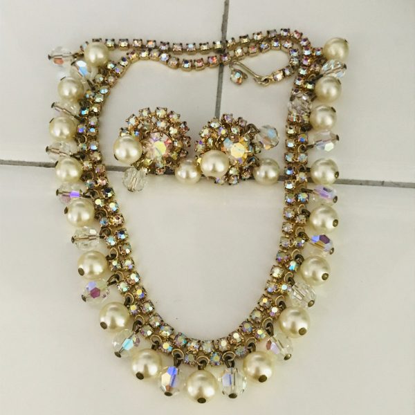 Vintage Kramer Jewelry Set adjustable Necklace matching clip earrings crystals & pearls aurora borealis rhinestones signed