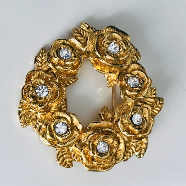 Vintage Large Rhinestone Brooch Monet wreath of Roses with crystal centers Jewelry Faceted stones individually set