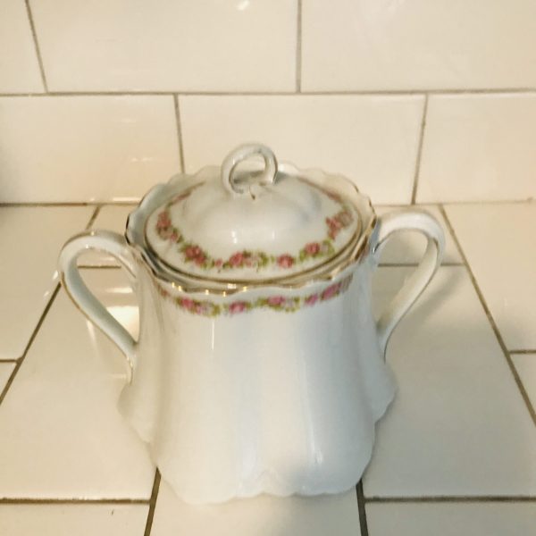 Vintage Large Sugar Bowl H & Co. Bavaria Tiny light and dark pink Rose swag pattern collec fine bone china