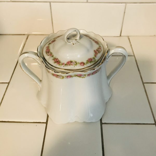 Vintage Large Sugar Bowl H & Co. Bavaria Tiny light and dark pink Rose swag pattern collec fine bone china