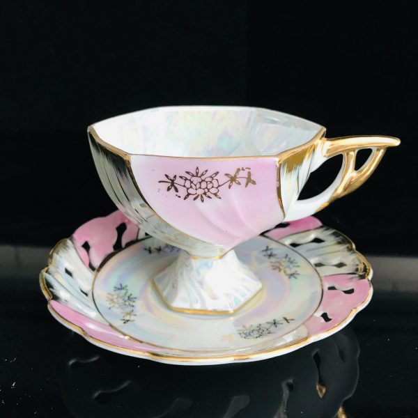 Vintage Lefton tea cup and saucer Japan Fine bone china Pink iridescent pierced saucer rim farmhouse collectible display coffee heavy gold