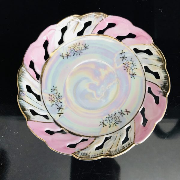 Vintage Lefton tea cup and saucer Japan Fine bone china Pink iridescent pierced saucer rim farmhouse collectible display coffee heavy gold