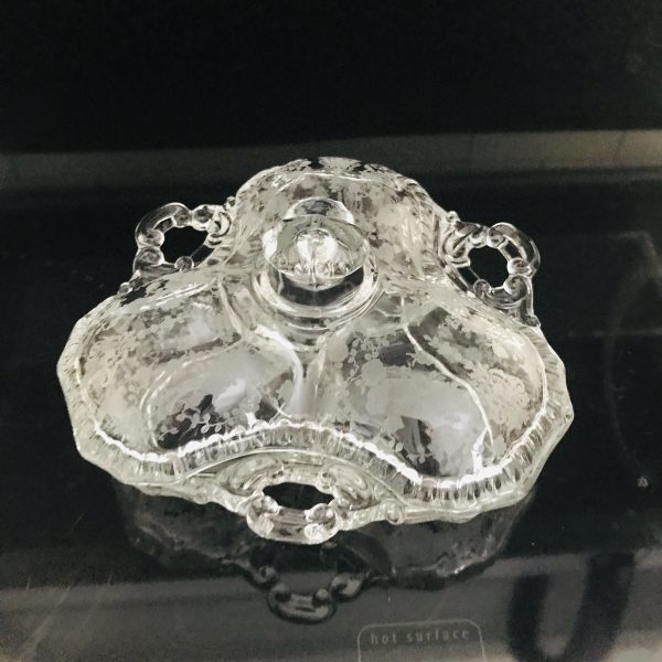 Vintage Lidded divided dish Fostoria Crystal etched rose floral pattern ornate detail 3 sections and handles