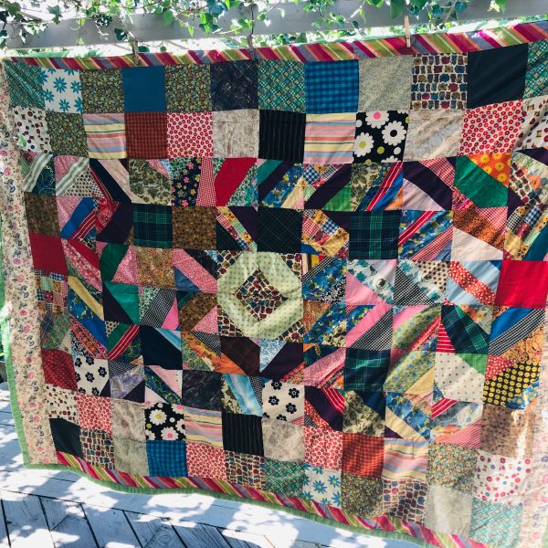 Vintage machine & hand sewn crazy quilt cotton green back and trim 66" x 82" farmhouse collectible display great piece
