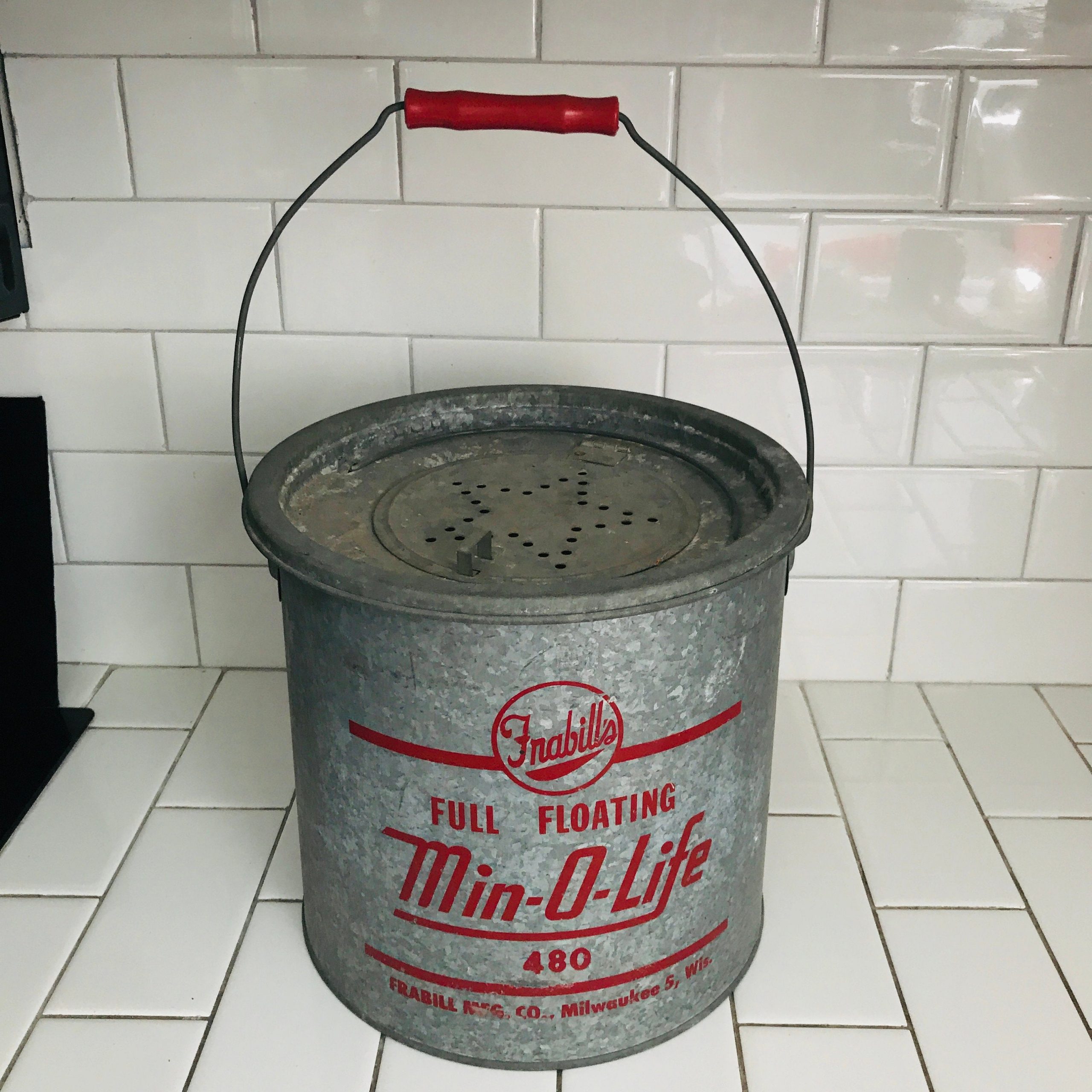 Vintage Minnow bucket galavanized metal red print Min-o-life full florating  Frabill's great condition fishing camping lodge farmhouse decor