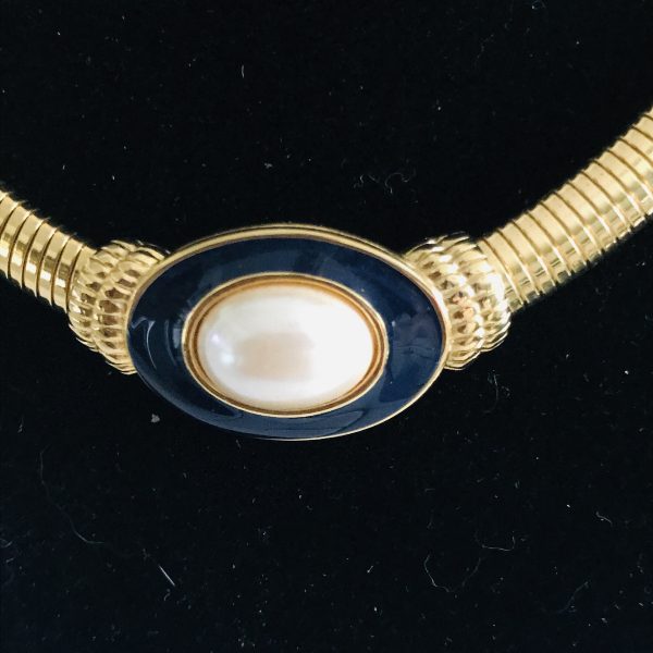 Vintage Monet omega gold chain with pearl and enamel pendant center 18" long