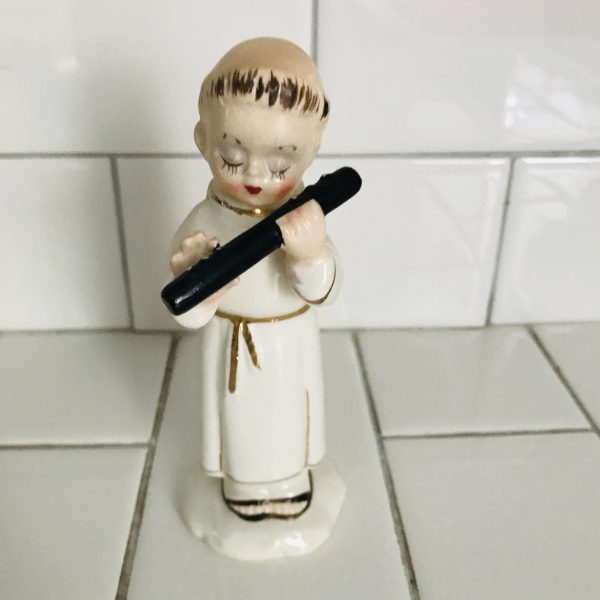 Vintage Monk figurine with instrument collectible display farmhouse display kitchen cottage