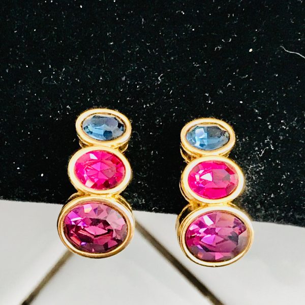 Vintage Nolan Miller clip earrings gold tone 1" long oval gemstones