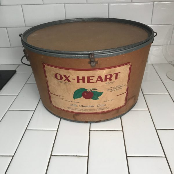 Vintage Ox-Heart Milk Chocolate Chip cardboard container bucket w/ lid wooden top handle wire handle & trim farmhouse kitchen display