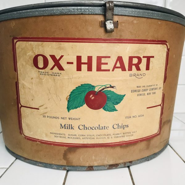 Vintage Ox-Heart Milk Chocolate Chip cardboard container bucket w/ lid wooden top handle wire handle & trim farmhouse kitchen display