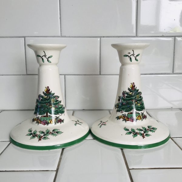 Vintage Pair of Candlestick Holders Holiday Christmas Spode England Christmas Tree Decor Formal Crystal Candle holders great ring to them