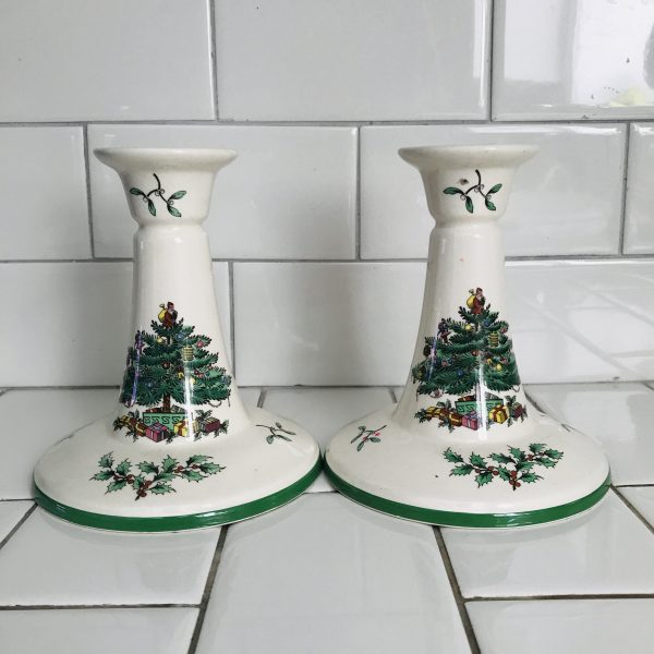 Vintage Pair of Candlestick Holders Holiday Christmas Spode England Christmas Tree Decor Formal Crystal Candle holders great ring to them