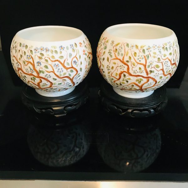 Vintage pair of Mantle vases white milk glass with tree of life in 3 colors peach yellow blue with brown branches Unique collectible display